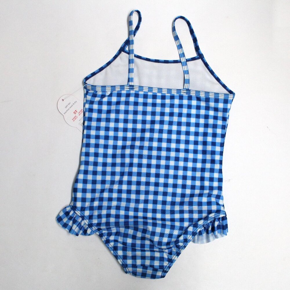Wonder Nation Girl's 5T One Piece Checkered Blue & White Swim Suit - Ruffle Legs - Picture 2 of 10